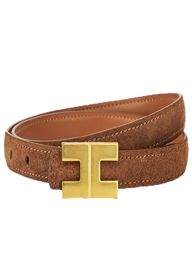 Yuangu Women Skinny Suede Belt for Jeans Pants Dresses Ladies Leather Waist Belt with Shiny Gold Buckle (Brown, 105cm/Fit Waist 24"-33") - Image 1